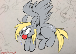 Size: 900x643 | Tagged: safe, artist:powerjam, derpy hooves, pegasus, pony, g4, female, flying, solo, tongue out