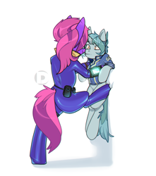 Size: 1263x1428 | Tagged: safe, artist:devi_shade, oc, oc only, oc:nova dust, oc:radiant prism, earth pony, pony, unicorn, fallout equestria, against wall, clothes, female, how to talk to short people, jumpsuit, kabedon, larger female, latex, latex suit, male, pipbuck, shirt, size difference, smaller male
