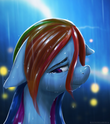 Size: 2991x3387 | Tagged: safe, artist:moondreamer16, rainbow dash, pony, g4, blurry background, bust, crying, female, floppy ears, glare, high res, hurt/comfort, looking back, mare, portrait, rain, sad, solo, wet, wet mane