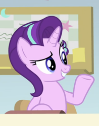 Size: 460x586 | Tagged: safe, screencap, starlight glimmer, pony, unicorn, a horse shoe-in, g4, cropped, female, mare, raised hoof, sitting, solo