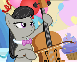 Size: 1161x939 | Tagged: safe, screencap, octavia melody, pony, a horse shoe-in, season 9, spoiler:s09, bow (instrument), cello, cropped, female, lidded eyes, musical instrument, smiling, solo