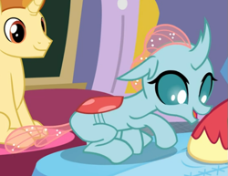 Size: 719x555 | Tagged: safe, screencap, golden crust, ocellus, a horse shoe-in, g4, cropped, crouching, female, looking at something, offscreen character, presenting hoof, sitting, solo focus