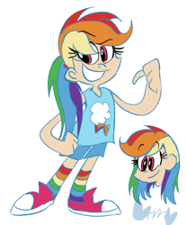Size: 667x800 | Tagged: safe, artist:mirabuncupcakes15, rainbow dash, human, g4, alternate hairstyle, bust, clothes, converse, female, grin, humanized, ponytail, rainbow socks, shoes, shorts, simple background, smiling, socks, solo, striped socks, white background