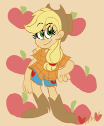 Size: 667x800 | Tagged: safe, artist:mirabuncupcakes15, applejack, human, g4, apple, applejack's hat, boots, clothes, cowboy hat, female, flannel, food, freckles, hat, humanized, shoes, shorts, solo