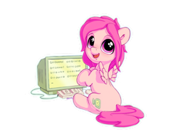 Size: 1400x1100 | Tagged: safe, artist:bobdude0, oc, oc only, oc:peach hack, pegasus, pony, binary, binary keyboard, computer, computer screen, cute, escii keyboard, female, keyboard, looking at you, looking back, looking back at you, looking up, ocbetes, open mouth, open smile, outline, raised hoof, simple background, sitting, small wings, smiling, solo, spread wings, transparent background, turned head, white outline, wings