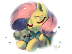 Size: 1600x1200 | Tagged: safe, artist:oofycolorful, fluttershy, koala, pegasus, pony, g4, bust, cute, eyes closed, female, hug, mare, one eye closed, shyabetes, simple background, solo, white background