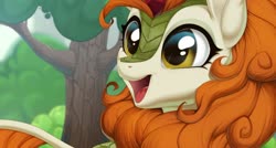 Size: 1280x687 | Tagged: safe, artist:kyotoleopard, autumn blaze, kirin, g4, sounds of silence, amazed, awwtumn blaze, bust, cute, female, mare, open mouth, outdoors, portrait, scenery, smiling, solo, three quarter view, tree