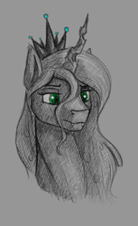 Size: 550x900 | Tagged: safe, artist:stray prey, queen chrysalis, changeling, changeling queen, g4, bust, crown, female, gray background, grayscale, jewelry, monochrome, regalia, simple background, sketch, solo