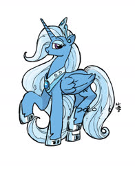 Size: 1552x1979 | Tagged: safe, artist:tingyo, trixie, alicorn, pony, g4, alicornified, crown, female, hoof shoes, jewelry, lidded eyes, mare, peytral, pixiv, profile, race swap, regalia, simple background, solo, trixiecorn, white background