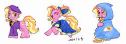 Size: 6217x2177 | Tagged: safe, artist:tingyo, gameloft, luster dawn, pony, unicorn, g4, the last problem, beret, blanket, bow, cloak, clothes, cosplay, costume, cute, dress, eyes closed, female, hair bow, hat, high res, lotster dawn, lusterbetes, mare, multeity, necktie, open mouth, pixiv, ribbon, simple background, smiling, solo, suit, triality, white background