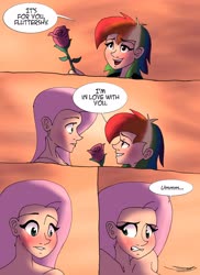 Size: 2978x4096 | Tagged: safe, artist:ringteam, fluttershy, rainbow dash, human, comic:a certain confession, g4, blushing, comic, female, flower, humanized, lesbian, rose, ship:flutterdash, shipping, speech bubble, this will end in tears, this will not end well