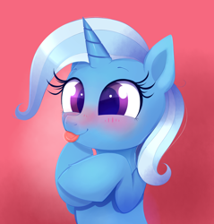 Size: 1796x1881 | Tagged: safe, artist:confetticakez, trixie, pony, unicorn, g4, :p, blushing, cute, diatrixes, female, gradient background, hooves to the chest, mare, raspberry, silly, silly pony, smiling, solo, tongue out, weapons-grade cute