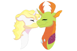 Size: 1280x854 | Tagged: safe, artist:itstechtock, prince blueblood, thorax, changedling, changeling, pony, g4, bluerax, gay, interspecies, king thorax, male, shipping, simple background, transparent background