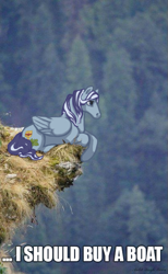 Size: 417x679 | Tagged: safe, artist:saby, derpibooru exclusive, oc, oc only, oc:splendence, pegasus, pony, horse heresy, caption, cliff, contemplating, i should buy a boat, image macro, lying, male, meme, mixed media, outdoors, ponified meme, prone, real life background, solo, stallion, text