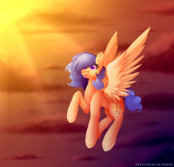 Size: 3428x3297 | Tagged: safe, artist:sparkie45, oc, oc only, oc:cute, pegasus, pony, female, flying, high res, mare, solo, sun, tongue out