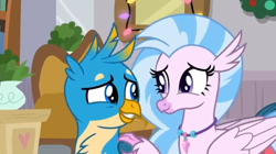 Size: 1024x572 | Tagged: safe, screencap, gallus, silverstream, classical hippogriff, griffon, hippogriff, g4, the hearth's warming club, cute, diastreamies, female, gallabetes, looking at each other, male, raised claw, shipping fuel, smiling, touching