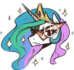 Size: 982x935 | Tagged: safe, artist:riddle-kay, princess celestia, pony, g4, bust, crossover, crown, female, jewelry, kamina sunglasses, mare, portrait, regalia, serious, serious face, simple background, solo, sparkles, sunglasses, tengen toppa gurren lagann, white background
