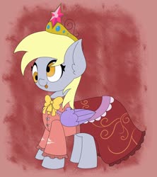 Size: 2000x2250 | Tagged: safe, artist:mrneo, derpy hooves, pegasus, pony, g4, :p, big crown thingy, bowtie, clothes, cosplay, costume, crossover, cute, derpabetes, dress, ear fluff, element of magic, fake wings, female, high res, houraisan kaguya, imperishable night, jewelry, mare, red background, regalia, simple background, solo, tongue out, touhou