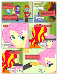 Size: 612x792 | Tagged: safe, artist:greatdinn, artist:newbiespud, edit, edited screencap, screencap, fluttershy, spike, sunset shimmer, twilight sparkle, dog, comic:friendship is dragons, equestria girls, g4, my little pony equestria girls, clothes, collaboration, comic, cutie mark on clothes, dialogue, frown, hairclip, lockers, pointing, sad, screencap comic