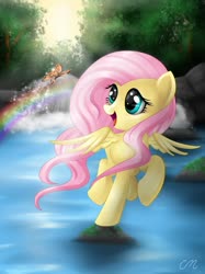 Size: 1024x1366 | Tagged: safe, artist:sunshineshiny, fluttershy, butterfly, pegasus, pony, g4, cute, female, mare, open mouth, rainbow, river, rock, shyabetes, solo, tree, water