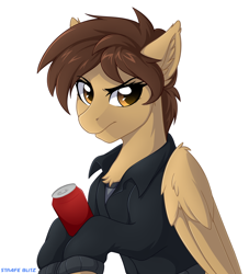 Size: 2054x2260 | Tagged: safe, artist:strafe blitz, oc, oc only, pegasus, semi-anthro, can, chest fluff, clothes, equine, high res, simple background, solo, white background