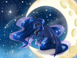 Size: 1024x768 | Tagged: safe, artist:sunshineshiny, princess luna, alicorn, pony, g4, crescent moon, crown, cute, female, hoof shoes, jewelry, lunabetes, mare, moon, night, regalia, shooting star, sky, solo, starry night, tangible heavenly object