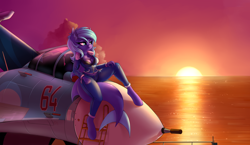 Size: 2500x1446 | Tagged: safe, artist:lightly-san, oc, oc only, merpony, anthro, unguligrade anthro, aircraft carrier, anthro oc, clothes, female, jet, jet fighter, mare, ocean, solo, su-33, sunset