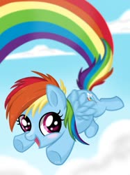 Size: 1024x1366 | Tagged: safe, artist:sunshineshiny, rainbow dash, pegasus, pony, g4, blushing, cloud, cute, dashabetes, female, filly, filly rainbow dash, flying, open mouth, rainbow trail, sky, solo, younger