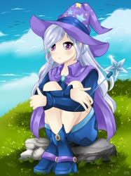 Size: 1024x1366 | Tagged: safe, artist:sunshineshiny, trixie, bird, human, g4, anime, cape, clothes, cloud, crossed legs, cute, diatrixes, female, grass, hat, humanized, magic wand, rock, shorts, sitting, sky, solo, trixie's cape, trixie's hat