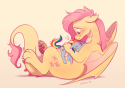 Size: 1955x1377 | Tagged: safe, artist:imalou, fluttershy, rainbow dash, dragon, pegasus, pony, g4, blushing, dragoness, dragonified, duo, female, flutterdragon, gradient background, heart, hug, lesbian, lying, lying on top of someone, mare, on back, prone, ship:flutterdash, shipping, simple background, size difference, sleeping, snuggling, species swap