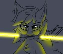 Size: 3500x3000 | Tagged: safe, artist:snowstormbat, oc, oc only, oc:midnight snowstorm, bat pony, pony, chest fluff, high res, lightsaber, looking at you, male, sketch, solo, star wars, weapon