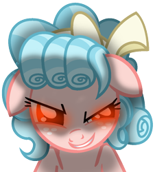 Size: 858x948 | Tagged: safe, artist:mlptmntdisneykauane, cozy glow, pony, g4, female, floppy ears, grin, looking at you, red eyes, simple background, smiling, solo, translation request, transparent background