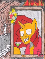 Size: 2510x3262 | Tagged: safe, artist:oatmeal155, oc, oc only, oc:citrus dew, insect, pony, spider, unicorn, comic:oat.meal, alcohol, bust, high res, martini, portrait, traditional art