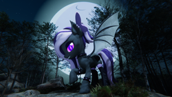 Size: 3840x2160 | Tagged: safe, artist:plumage, oc, oc only, oc:nightwalker, bat pony, pony, 3d, 4k, bat pony oc, bat wings, bow, clothes, commission, cutie mark, eyeshadow, female, forest, forest background, hair bow, high res, looking at you, makeup, mare, moon, moonlight, night, slit pupils, socks, solo, stars, thigh highs, tree, unity, unity (game engine), wings