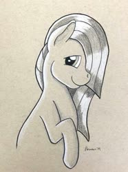 Size: 649x874 | Tagged: safe, artist:peruserofpieces, marble pie, earth pony, pony, g4, female, hair over one eye, looking at you, mare, pencil drawing, smiling, toned paper, traditional art