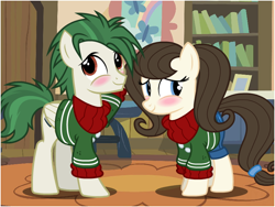 Size: 800x600 | Tagged: safe, artist:flash equestria photography, oc, oc only, oc:dizzy strings, oc:radiant nimbus, earth pony, pegasus, pony, blue eyes, blushing, bookshelf, brown mane, clothes, cutie mark, cutie mark on clothes, green mane, indoors, looking away, matching outfits, photo, show accurate, sweater