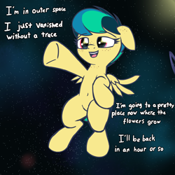Size: 2048x2048 | Tagged: safe, artist:wenni, oc, oc only, oc:apogee, pegasus, pony, belly button, eminem, female, filly, floppy ears, high, high as fuck, high res, implied drug use, open mouth, outstretched hoof, shinodage's birthday, smiling, solo, space, underhoof