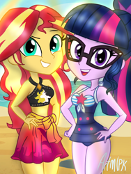Size: 1536x2048 | Tagged: safe, artist:artmlpk, sci-twi, sunset shimmer, twilight sparkle, equestria girls, equestria girls series, g4, adorkable, beach, bikini, clothes, cute, dork, duo, duo female, female, hand on hip, looking at you, midriff, sarong, shimmerbetes, sun, swimsuit, twiabetes