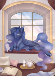 Size: 2401x3353 | Tagged: safe, artist:shadow-nights, princess luna, alicorn, pony, g4, book, cheek fluff, chest fluff, colored ears, colored hooves, crepuscular rays, crossed hooves, cup, female, high res, mare, pillow, profile, prone, reading, solo, teacup, teapot, two toned wings, window, window seat, wings