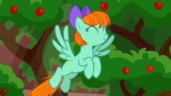 Size: 1920x1080 | Tagged: safe, screencap, peppermint goldylinks, pegasus, pony, g4, marks for effort, ^^, apple, apple tree, applejack's classroom, bow, classroom, cute, eyes closed, female, flying, friendship student, hair bow, peppermint adoralinks, smiling, solo, tree