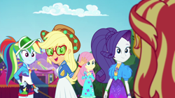 Size: 1920x1080 | Tagged: safe, screencap, applejack, fluttershy, rainbow dash, rarity, sunset shimmer, equestria girls, equestria girls specials, g4, my little pony equestria girls: better together, my little pony equestria girls: sunset's backstage pass, female, music festival outfit