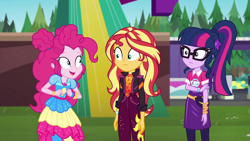 Size: 1920x1080 | Tagged: safe, screencap, pinkie pie, sci-twi, sunset shimmer, twilight sparkle, equestria girls, equestria girls series, g4, sunset's backstage pass!, spoiler:eqg series (season 2), female, music festival outfit