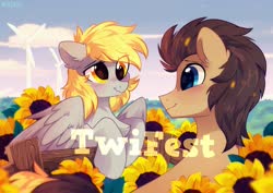 Size: 2048x1448 | Tagged: safe, artist:mirtash, derpy hooves, doctor whooves, time turner, g4, blushing, calendar, cottagecore, female, fence, flower, looking at each other, male, ship:doctorderpy, shipping, signature, smiling, straight, sunflower, twifest, windmill
