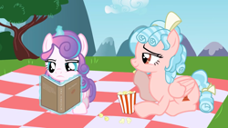 Size: 1280x720 | Tagged: safe, artist:darkgloones, cozy glow, princess flurry heart, alicorn, pegasus, pony, g4, a better ending for cozy, book, crystal empire, food, glowing horn, horn, magic, older, older cozy glow, older flurry heart, popcorn, telekinesis, youtube link