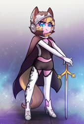 Size: 1575x2311 | Tagged: safe, artist:dawnfire, oc, oc only, oc:random cloak, unicorn, anthro, anthro oc, claymore, cloak, clothes, female, garter belt, garters, gloves, looking at you, mare, midriff, shoes, short shirt, shorts, solo, stockings, sword, thigh highs, weapon