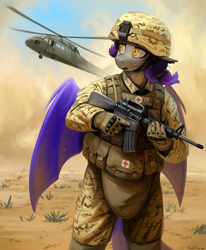 Size: 2145x2609 | Tagged: safe, artist:the-minuscule-task, oc, oc only, bat pony, anthro, anthro oc, assault rifle, bat pony oc, blood, body armor, carbine, clothes, combat armor, combat medic, fatigues, gloves, gun, helicopter, helmet, high res, m4a1, medic, military, rifle, solo, uh-60 blackhawk, weapon