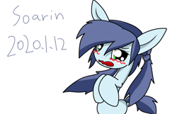 Size: 1002x646 | Tagged: source needed, safe, artist:cz, soarin', pegasus, pony, g4, blushing, crying, female, glide, mare, missing wing, open mouth, rule 63, simple background, solo, teary eyes, wavy mouth, white background