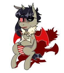 Size: 882x1006 | Tagged: safe, artist:octogreed, oc, oc only, alicorn, bat pony, bat pony alicorn, pony, bat pony oc, eyepatch, food, horn, looking at you, popcorn, red eyes, simple background, solo, transparent background, wifebeater