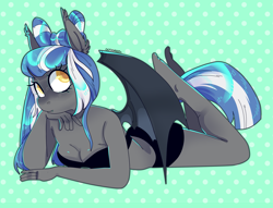 Size: 2801x2141 | Tagged: safe, artist:octogreed, oc, oc only, oc:midnight rush, bat pony, anthro, plantigrade anthro, anthro oc, bat pony oc, bikini, black swimsuit, breasts, cleavage, clothes, colored pupils, female, high res, mare, midriff, polka dot background, prone, solo, swimsuit