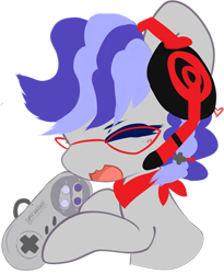 Size: 420x512 | Tagged: safe, artist:fluffire, oc, oc only, oc:cinnabyte, earth pony, pony, adorkable, bandana, bust, cinnabetes, controller, cute, dork, earth pony oc, excited, gaming headphones, glasses, headphones, headset, icon, simple background, smiling, snes controller, solo, telegram sticker, transparent background